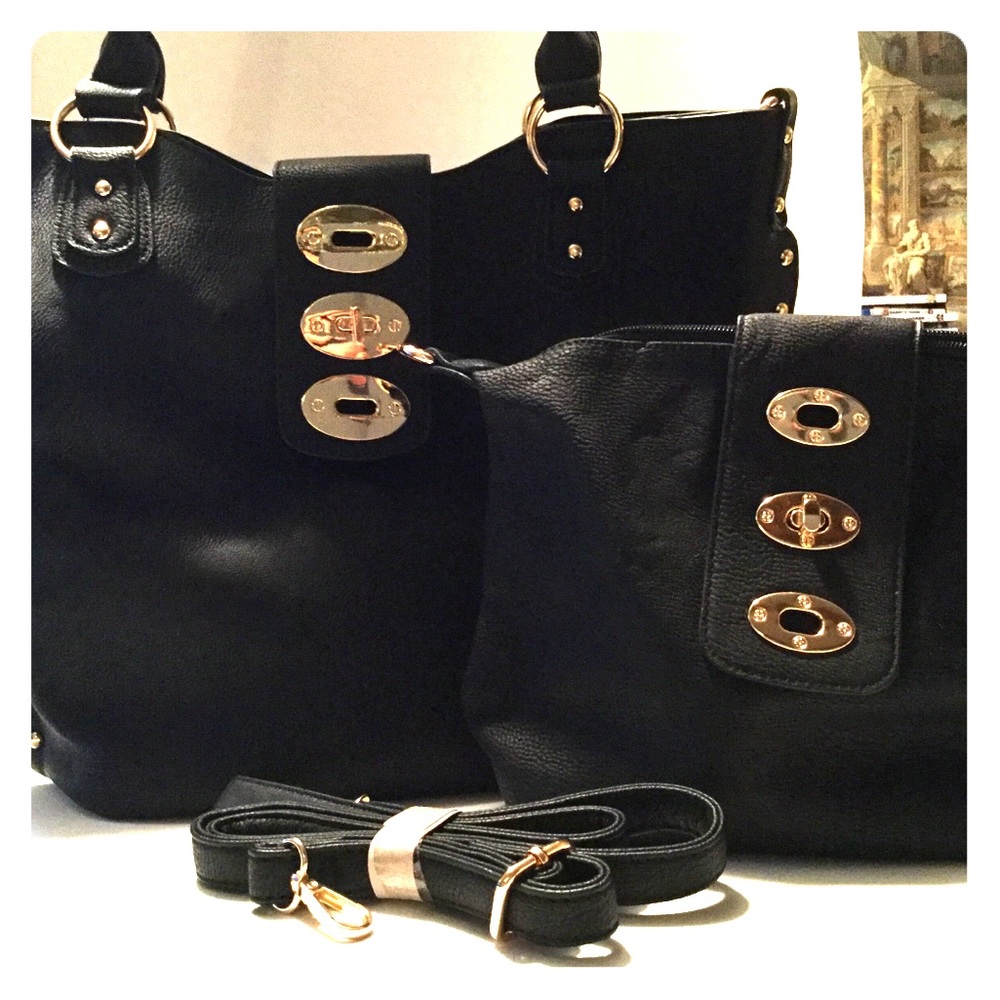 Black/Gold 2 in 1 handbag/crossbody vegan leather